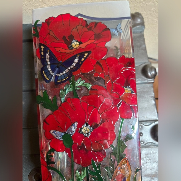 Glass Vase 13in Tall With Flowers And Butterflies Handpainted Heavy Vibrant - Picture 2 of 11